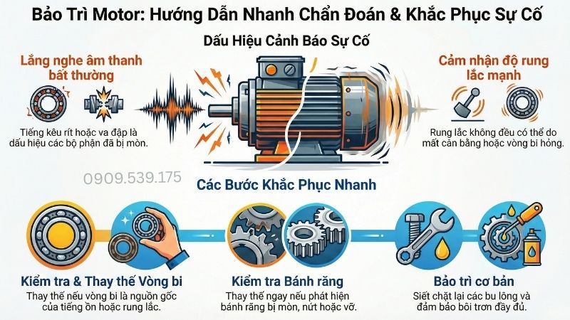 Nhận biết dấu hiệu, hướng dẫn kiếm tra độ mòn và hư hỏng của motor giảm tốc.