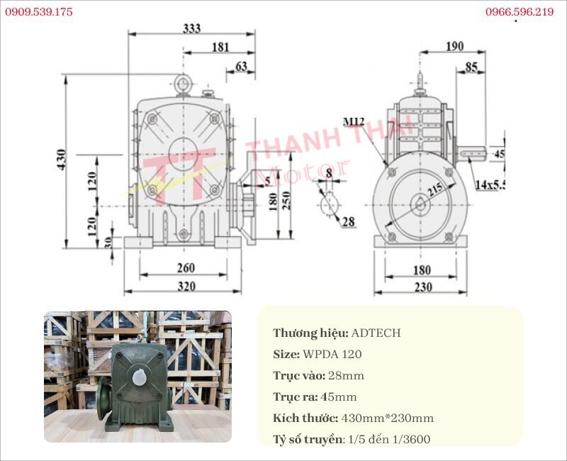 Bản vẽ thông số kỹ thuật của hộp giảm tốc trục vít WPDA 120