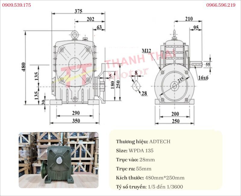 Bản vẽ thông số kỹ thuật của hộp giảm tốc trục vít WPDA 135
