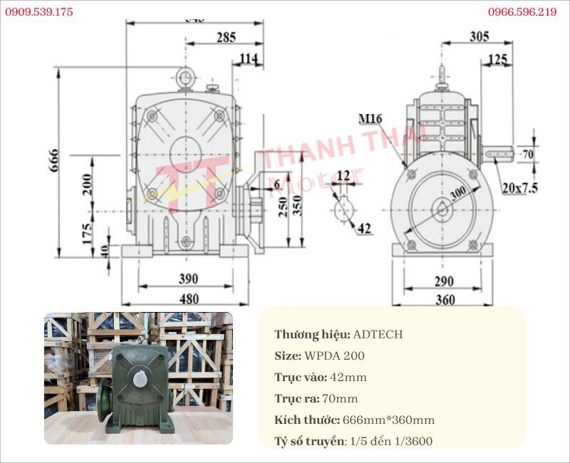 Technical specification drawing of the WPDA 200 worm gearbox