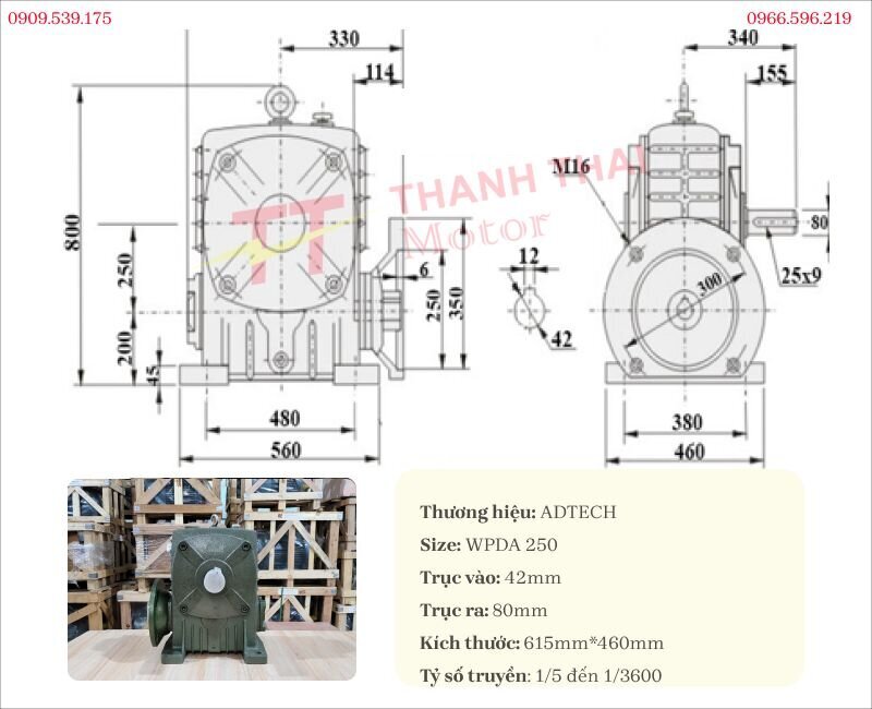 Technical drawing and specifications of WPDA 250 worm gearbox