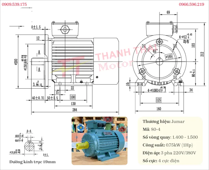 Drawing and technical specifications of 3-phase electric motor 0.75kW 1Hp 4-pole