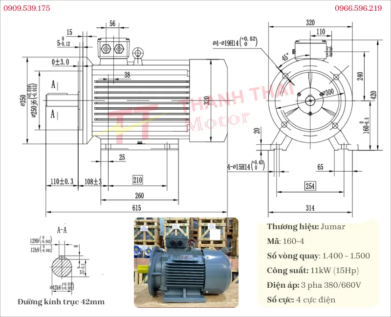 Drawing and technical specifications of 4-pole 3-phase electric motor 11kW 15Hp