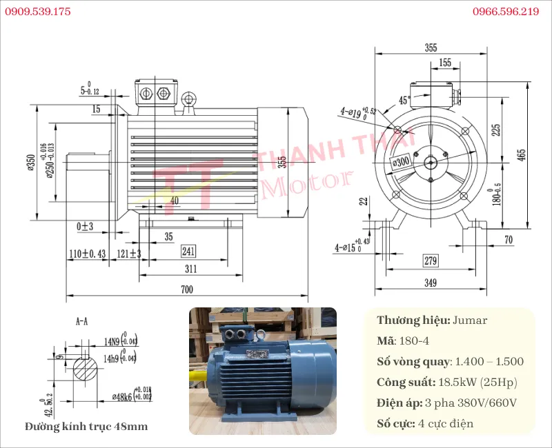 Drawing and technical specifications of 3-phase electric motor 18.5kW 25Hp 4-pole