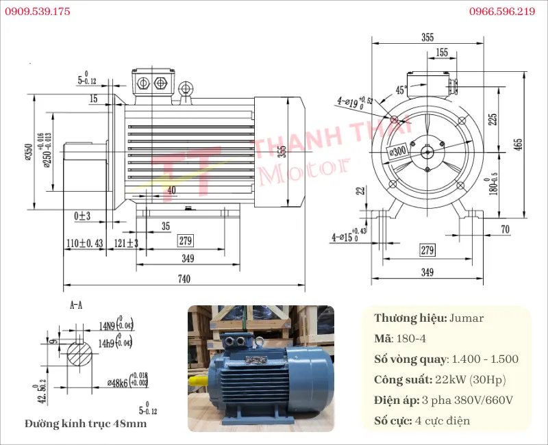 Bản vẽ và thông số kỹ thuật động cơ điện 3 pha 22kW 30Hp 4 cực