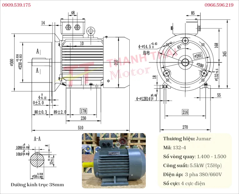 Drawing and technical specifications of 3-phase electric motor 5.5kW 7.5Hp 4-pole