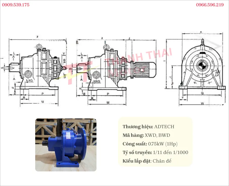 Drawing and technical specifications of foot-mounted heavy duty cycloidal gearbox 0.75kW 1Hp