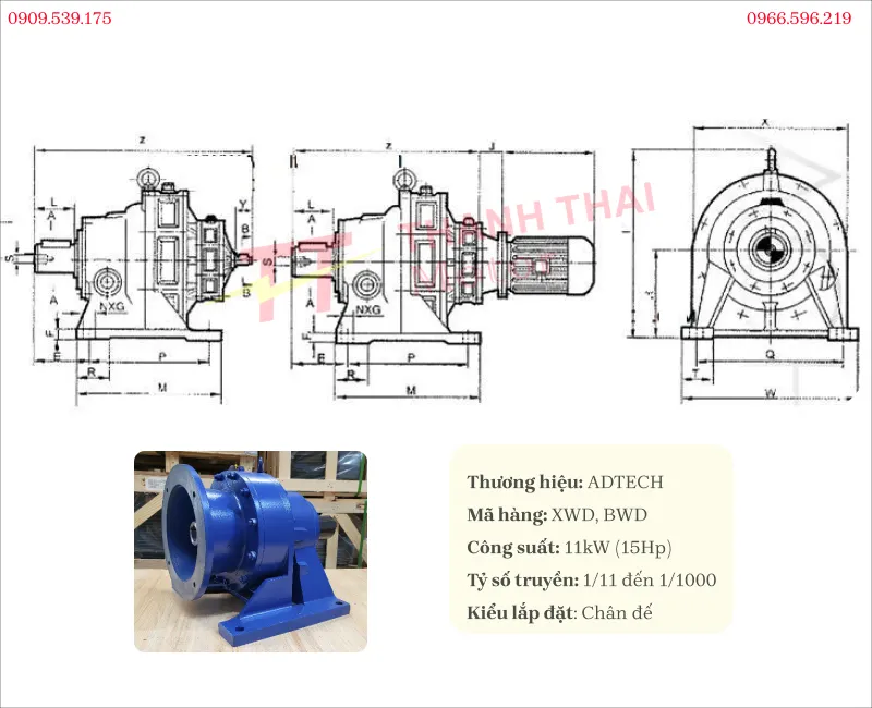 Drawing and specifications of foot-mounted heavy duty cycloidal gearbox 11kW 15Hp
