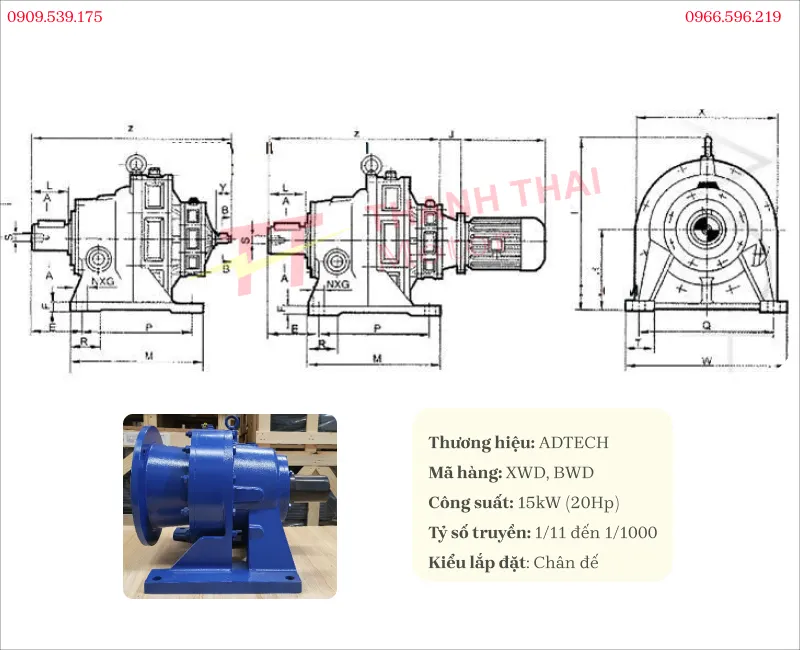 Drawing and technical specifications of foot-mounted heavy duty cycloidal gearbox 15kW 20Hp