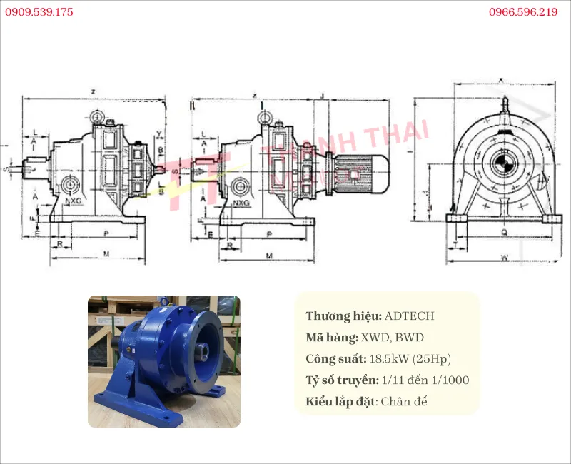 Drawing and technical specifications of foot-mounted heavy duty Cycloid gearbox 18.5kW 25Hp