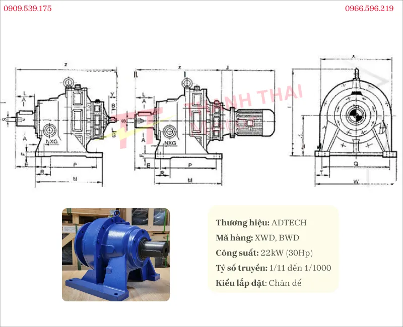 Bản vẽ và thông số kỹ thuật hộp giảm cycloid 22kW 30Hp 4 chân đế