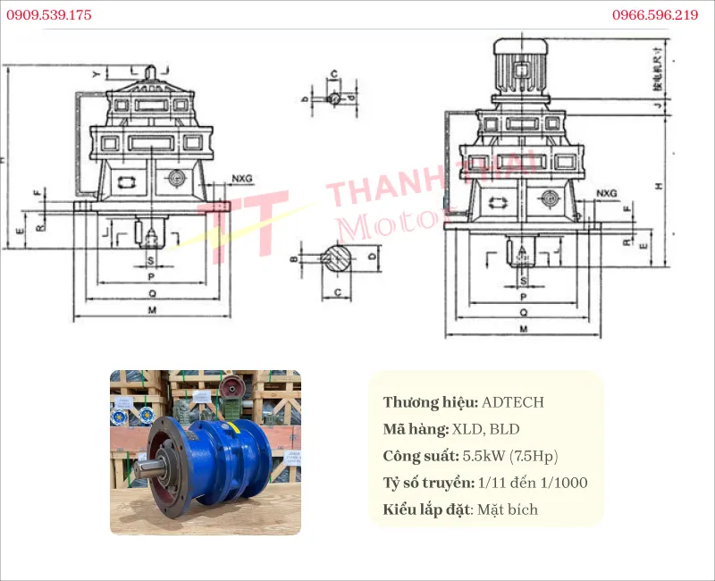 Drawing and technical specifications of flange-mounted heavy duty Cycloidal Gearbox 5.5kW 7.5Hp