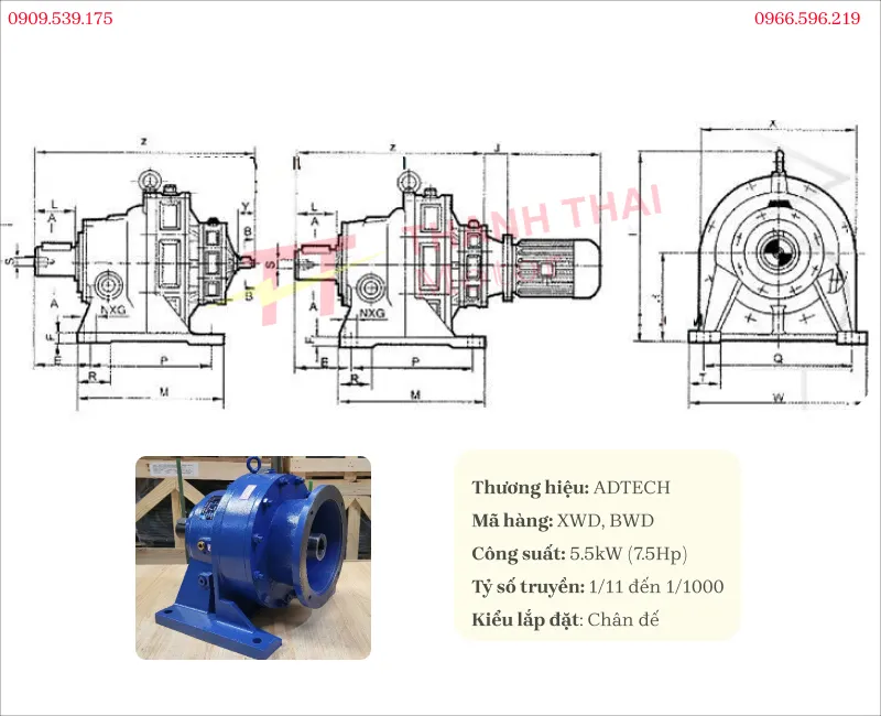 Drawing and technical specifications of foot-mounted heavy duty Cycloidal Gearbox 5.5kW 7.5Hp
