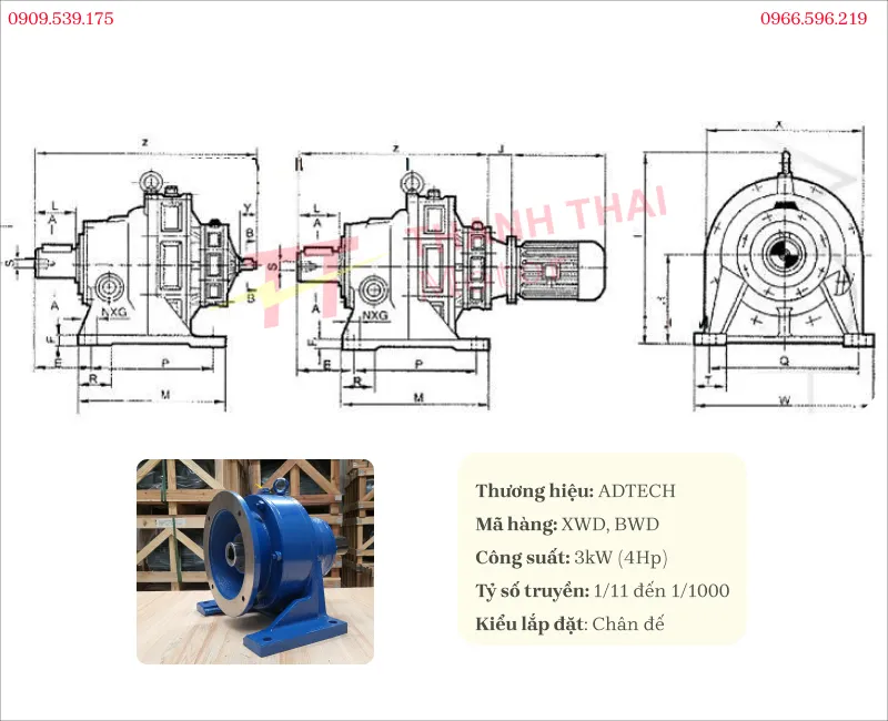 Technical specifications of foot-mounted heavy duty cycloidal gearbox 3kW 4Hp