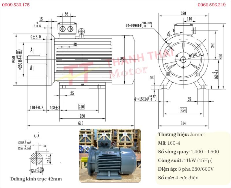 Technical specifications and drawing of 3-phase electric motor 11kW 15Hp assembled with K-series right-angle heavy-duty gearbox 11kW 15Hp