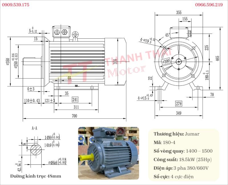 Technical specifications and drawing of the 3-phase electric motor 18.5kW 25Hp coupled with the K-Series Helical Bevel Gearbox 18.5kW 25Hp