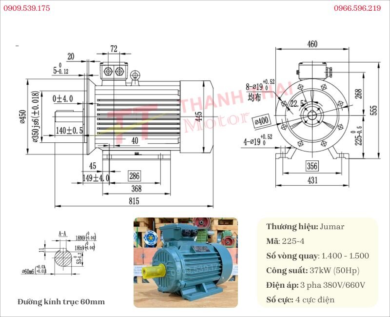 Thông số kỹ thuật và bản vẽ động cơ điện 3 pha 37kW 50Hp lắp hộp giảm tốc tải nặng vuông góc K 37kW 50Hp