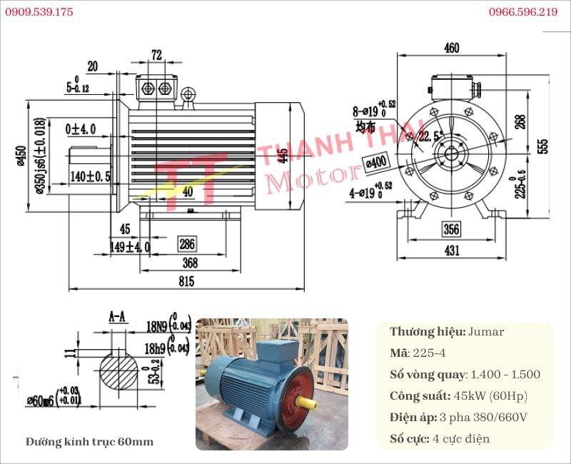 Thông số kỹ thuật và bản vẽ động cơ điện 3 pha 45kW 60Hp lắp hộp giảm tốc tải nặng vuông góc K 45kW 60Hp