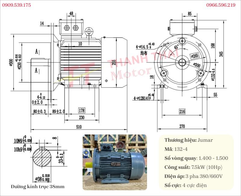 Thông số kỹ thuật và bản vẽ động cơ điện 3 pha 7.5kW 10Hp lắp hộp giảm tốc tải nặng vuông góc K 7.5kW 10Hp