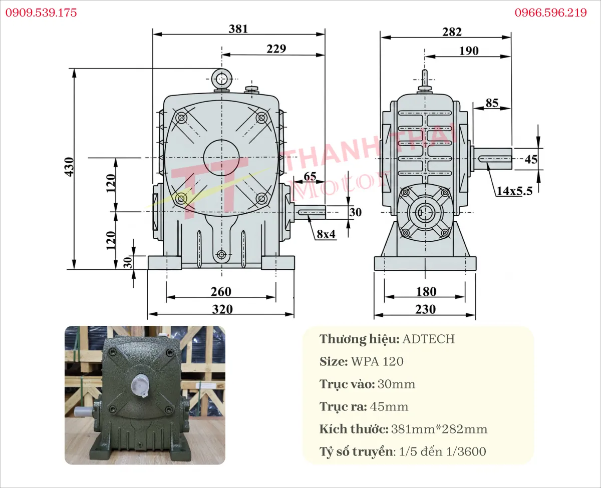 Technical specifications and drawing of the WPA 120 gearbox