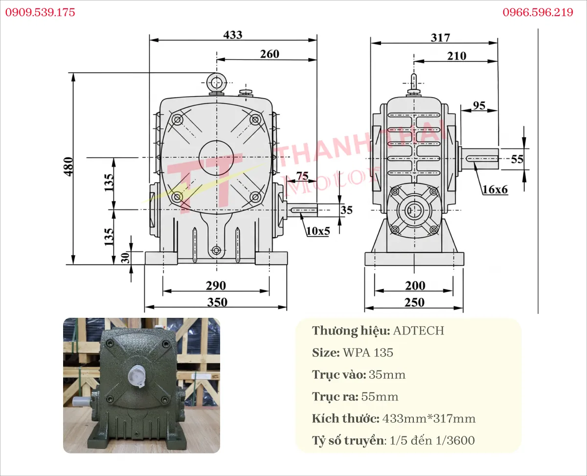 Technical specifications and drawing of the WPA 135 reduction gearbox