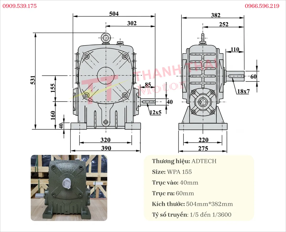 Thông số kỹ thuật và bản vẽ hộp số giảm tốc WPA 155