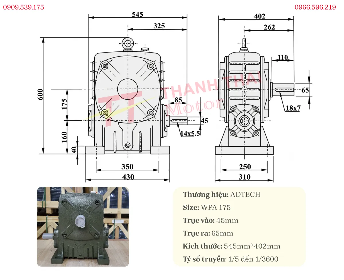 Technical specifications and drawings of the WPA 175 gearbox