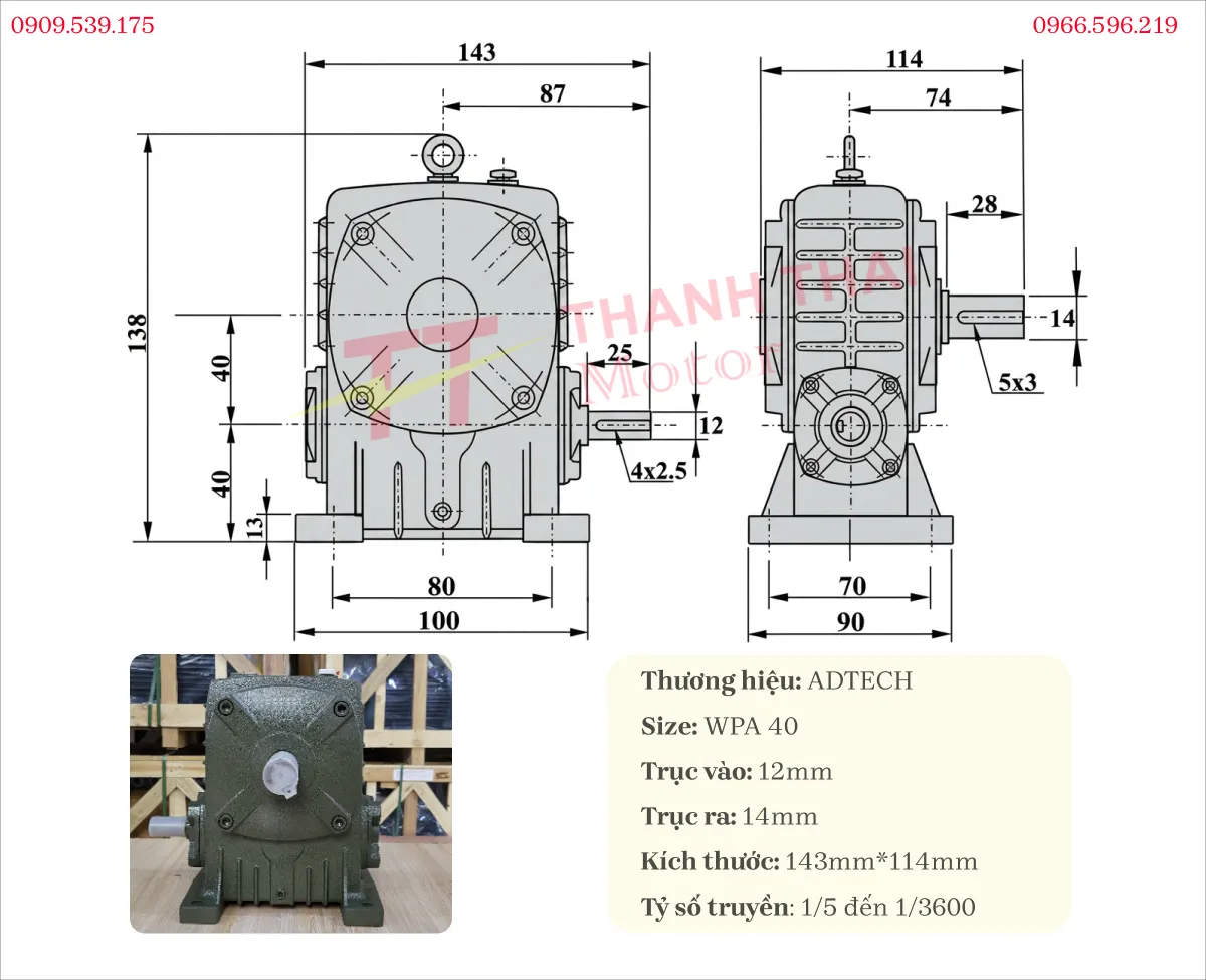 Thông số kỹ thuật và bản vẽ hộp số giảm tốc WPA 40