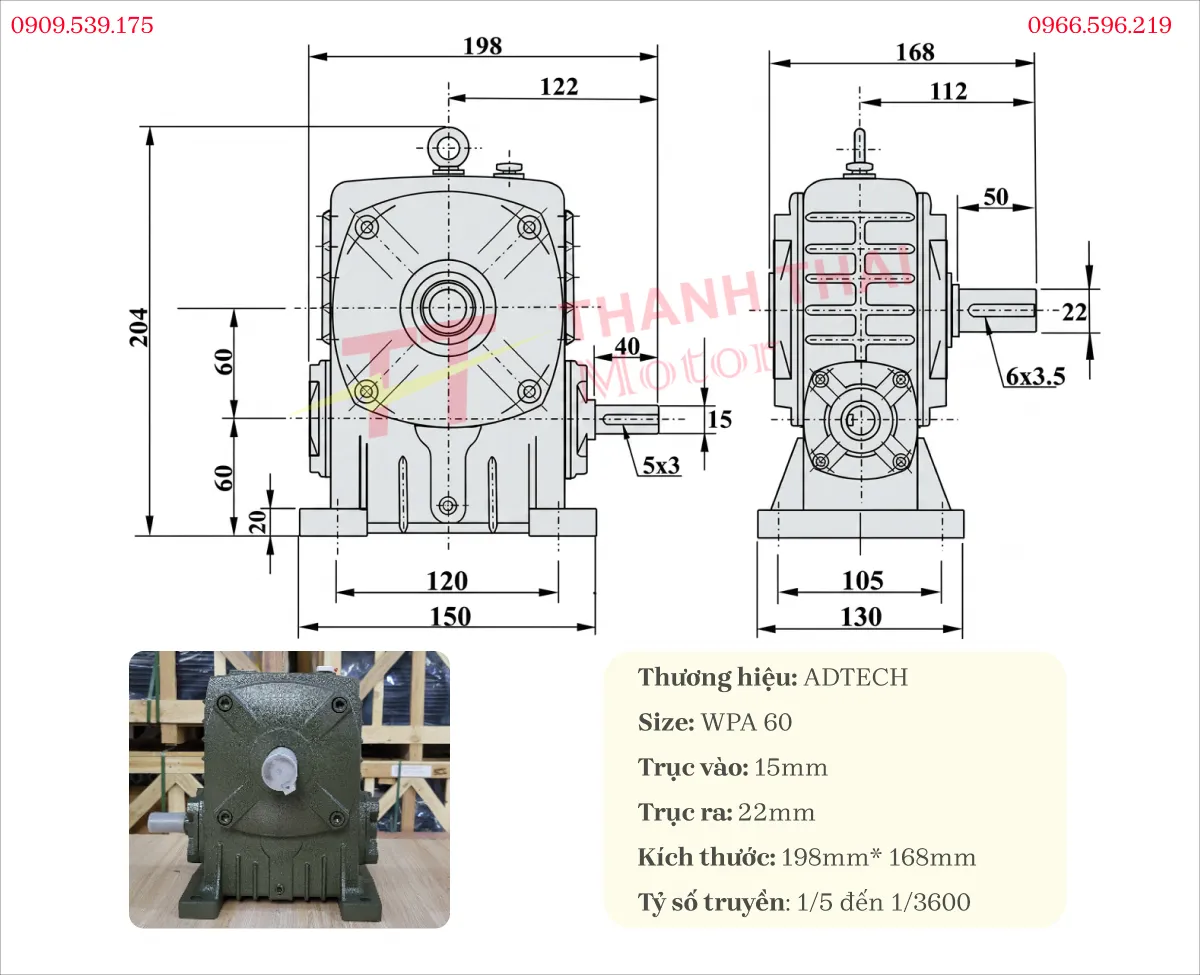 Thông số kỹ thuật và bản vẽ hộp số giảm tốc WPA 60