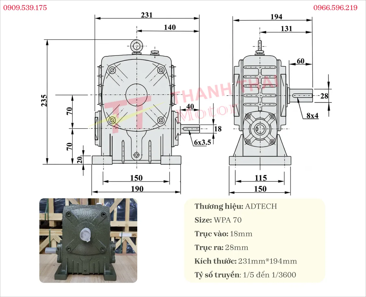 Technical specifications and drawing of the WPA 70 reduction gearbox
