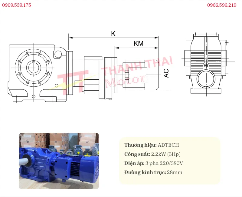 Thông số kỹ thuật và bản vẽ motor giảm tốc tải nặng trục vuông góc S 2.2kW 3Hp