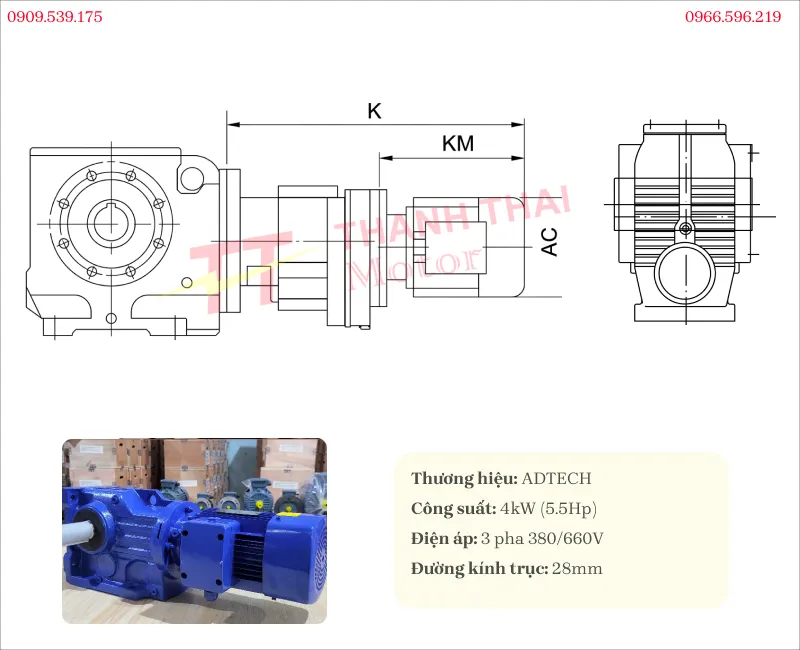 Thông số kỹ thuật và bản vẽ motor giảm tốc tải nặng trục vuông góc S 4kW 5.5Hp