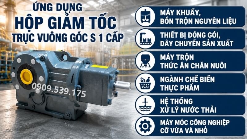 Ứng dụng hộp giảm tốc tải nặng trục vuông góc S 1 cấp.