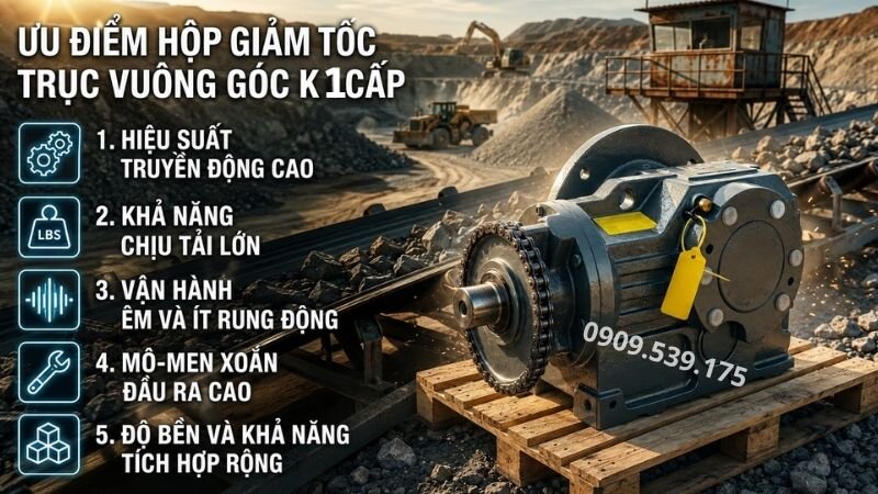 Ưu điểm hộp giảm tốc tải nặng trục vuông góc K 1 cấp.
