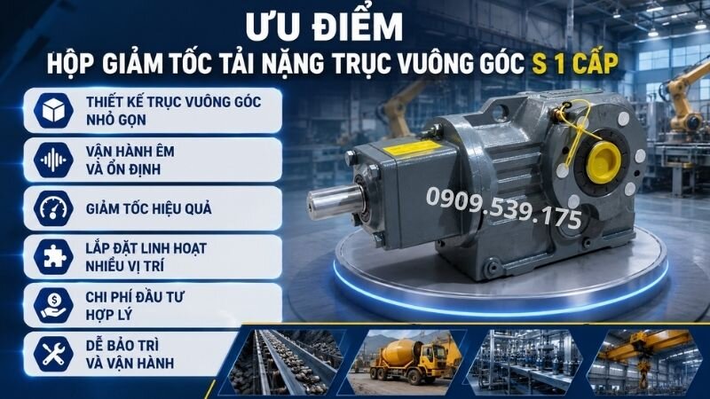 Ưu điểm hộp giảm tốc tải nặng trục vuông góc S 1 cấp.