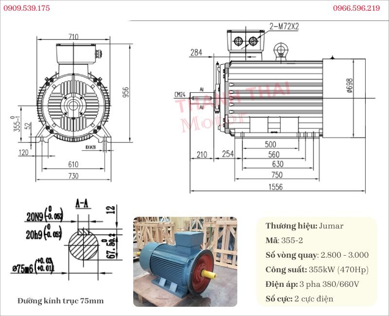 Bản vẽ và thông số kỹ thuật động cơ điện 3 pha 355kW 470Hp 2 cực