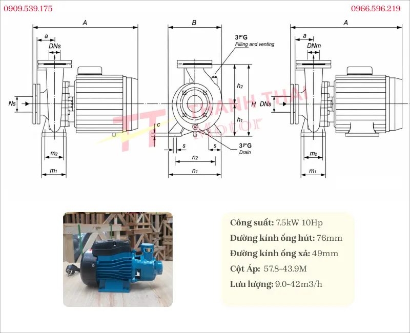 Bản vẽ và thông số kỹ thuật máy bơm nước đẩy cao 7.5kW 10Hp