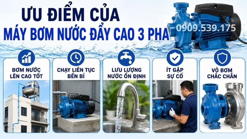 Ưu điểm của máy bơm nước đẩy cao 3 pha.