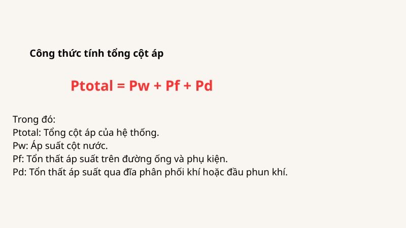 Tổng cột áp được xác định bằng cách cộng toàn bộ các tổn thất áp suất trong hệ thống