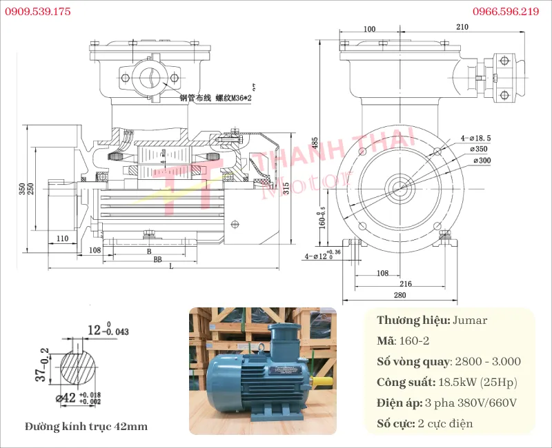Drawing and technical specifications of the explosion-proof motor 18.5kW 25Hp 2 poles