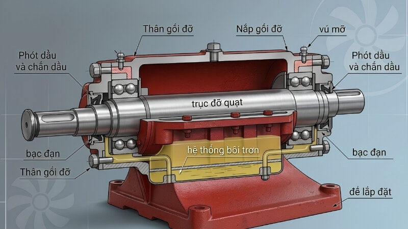 Cấu tạo của gối đỡ quạt ly tâm trên 10kW