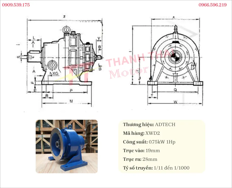 Technical specifications of the heavy duty foot-mounted Cycloidal Gearbox 0.75kW 1Hp