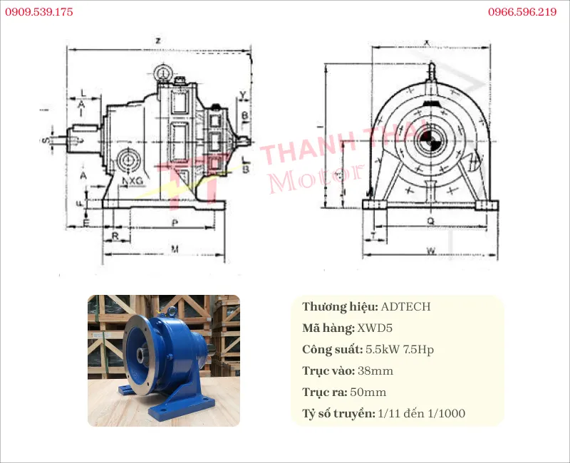 Thông số kỹ thuật của hộp giảm tốc tải nặng Cycloid 5.5kW 7.5Hp chân đế