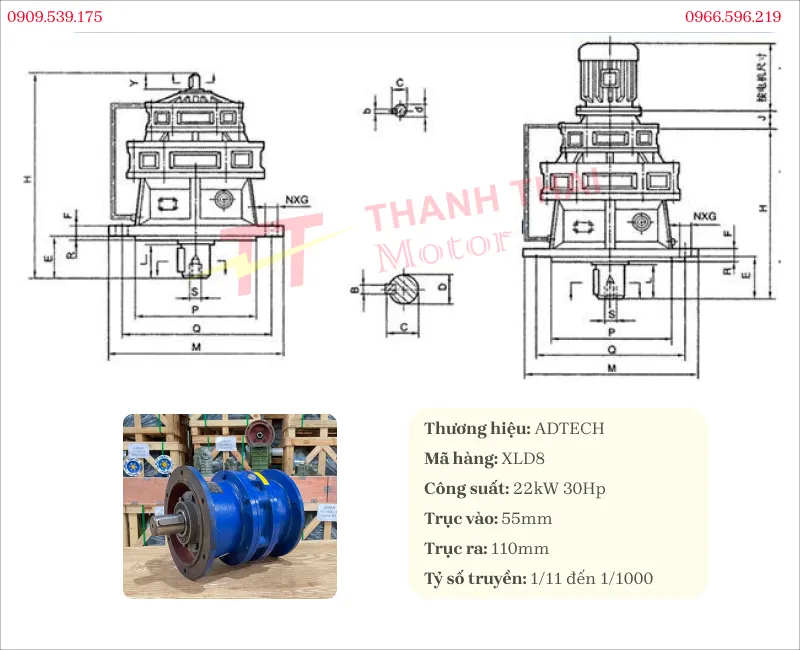 Thông số kỹ thuật của hộp giảm tốc tải nặng Cycloid 22kW 30Hp mặt bích
