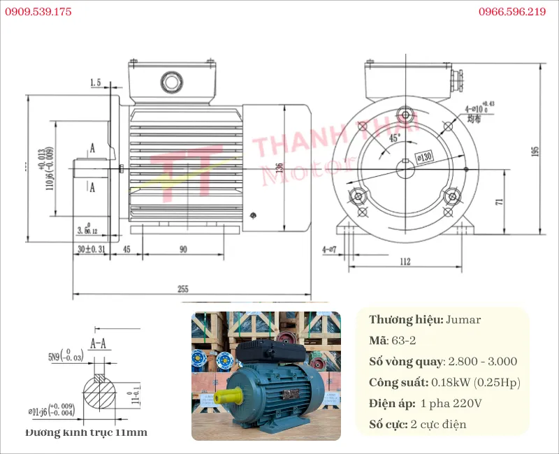 Drawing and technical specifications of the 1-Phase Electric Motor 0.18kW 0.25Hp 2-pole
