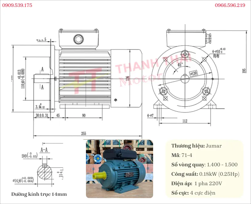 Drawing and technical specifications of the 1-Phase Electric Motor 0.18kW 0.25Hp 4-pole