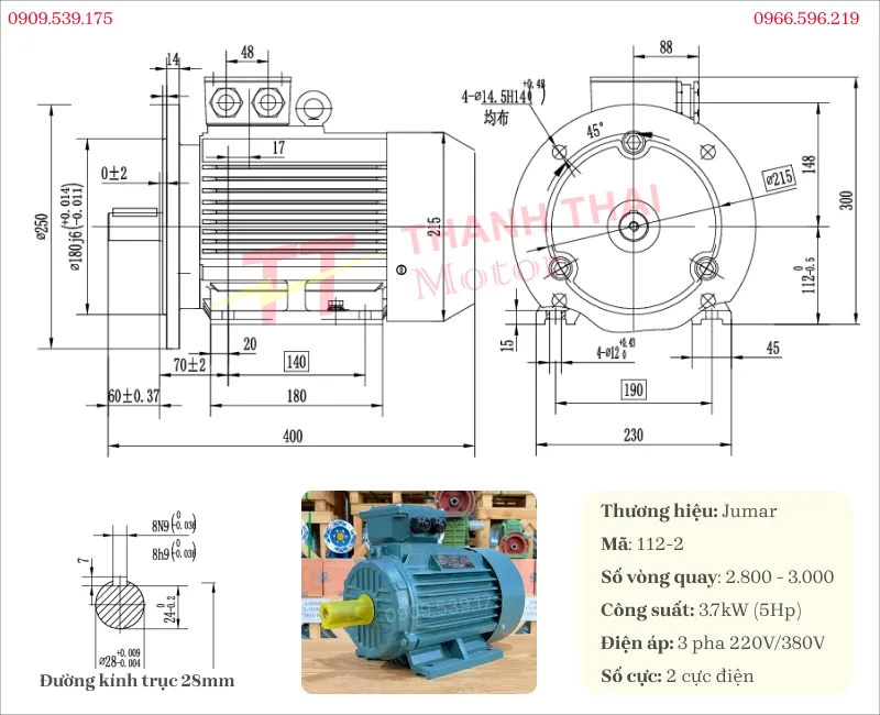 Bản vẽ và thông số kỹ thuật của động cơ điện 3 pha 3.7kW 5Hp 2 cực