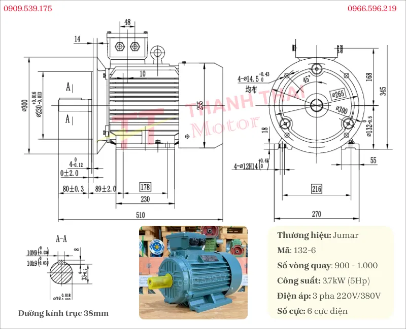 Bản vẽ và thông số kỹ thuật của động cơ điện 3 pha 3.7kW 5Hp 6 cực