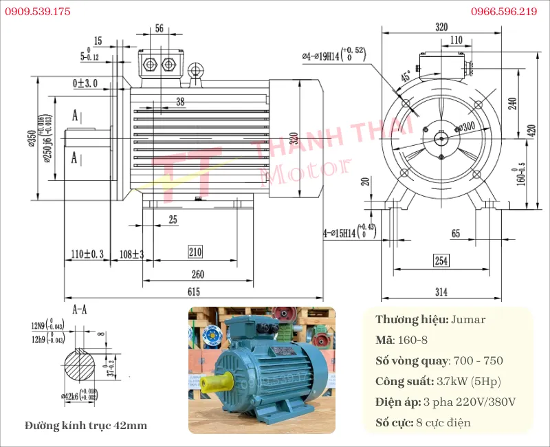 Bản vẽ và thông số kỹ thuật của động cơ điện 3 pha 3.7kW 5Hp 8 cực