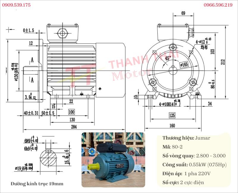 Bản vẽ và thông số kỹ thuật động cơ điện 1 pha 0.55kW 0.75Hp 2 cực